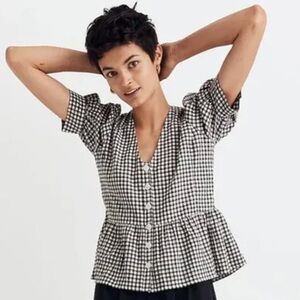 Madewell Brushed Gauze Puff-Sleeve Peplum Top in Gingham Check